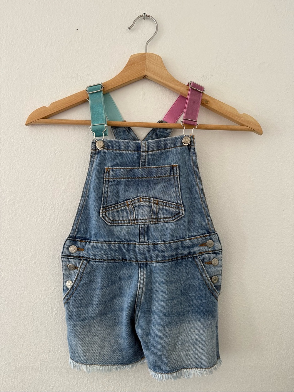 Zara Light Blue Denim Short Overalls with Pink and Teal Straps